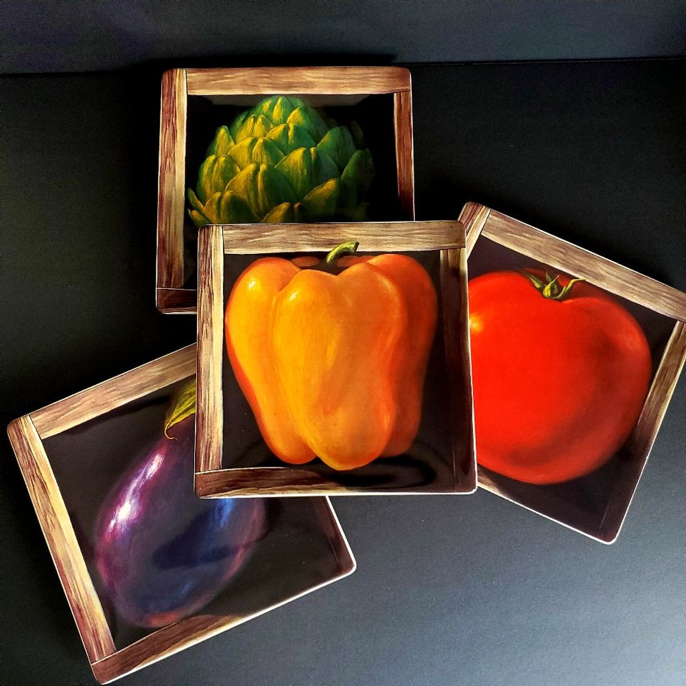 Designer Square Side Plates in Vibrate Veggie Motifs & Faux Wood Border * READ *